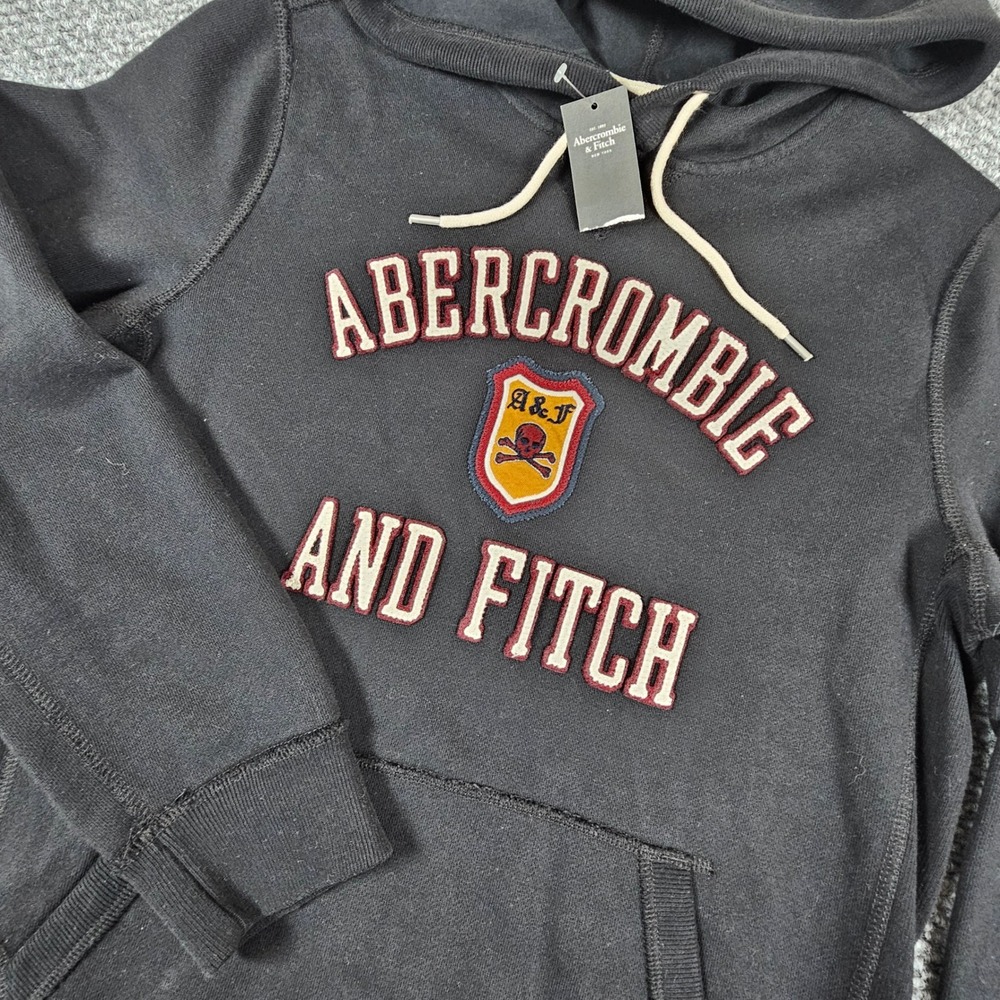 Abercrombie Fitch Black Hoodie Sweatshirt Embroidered‎ Logo Shield Pocket Size S
